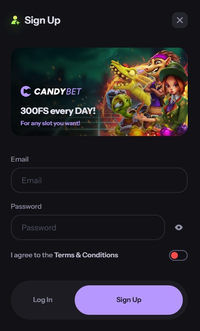 300 free spins no deposit bonus sign up page at CandyBet